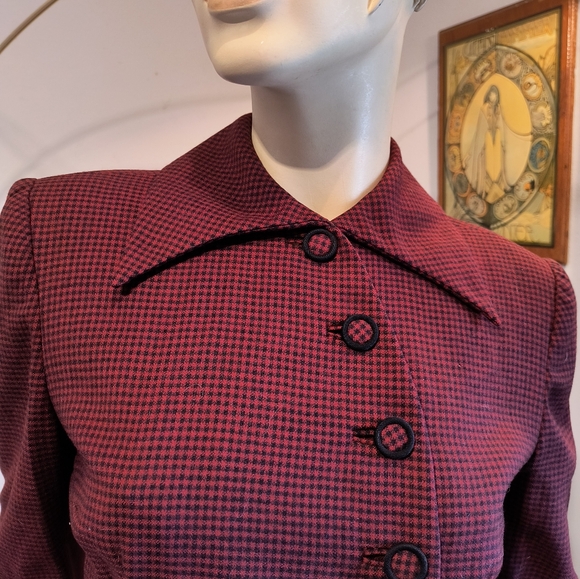 Vtg 1940s Burgundy and Black Blazer Asymmetrical Virgin Wool Miron Woolens - Picture 7 of 14
